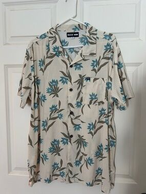 Reef Beige Short-Sleeve Floral Button-Down with Teal Flowers